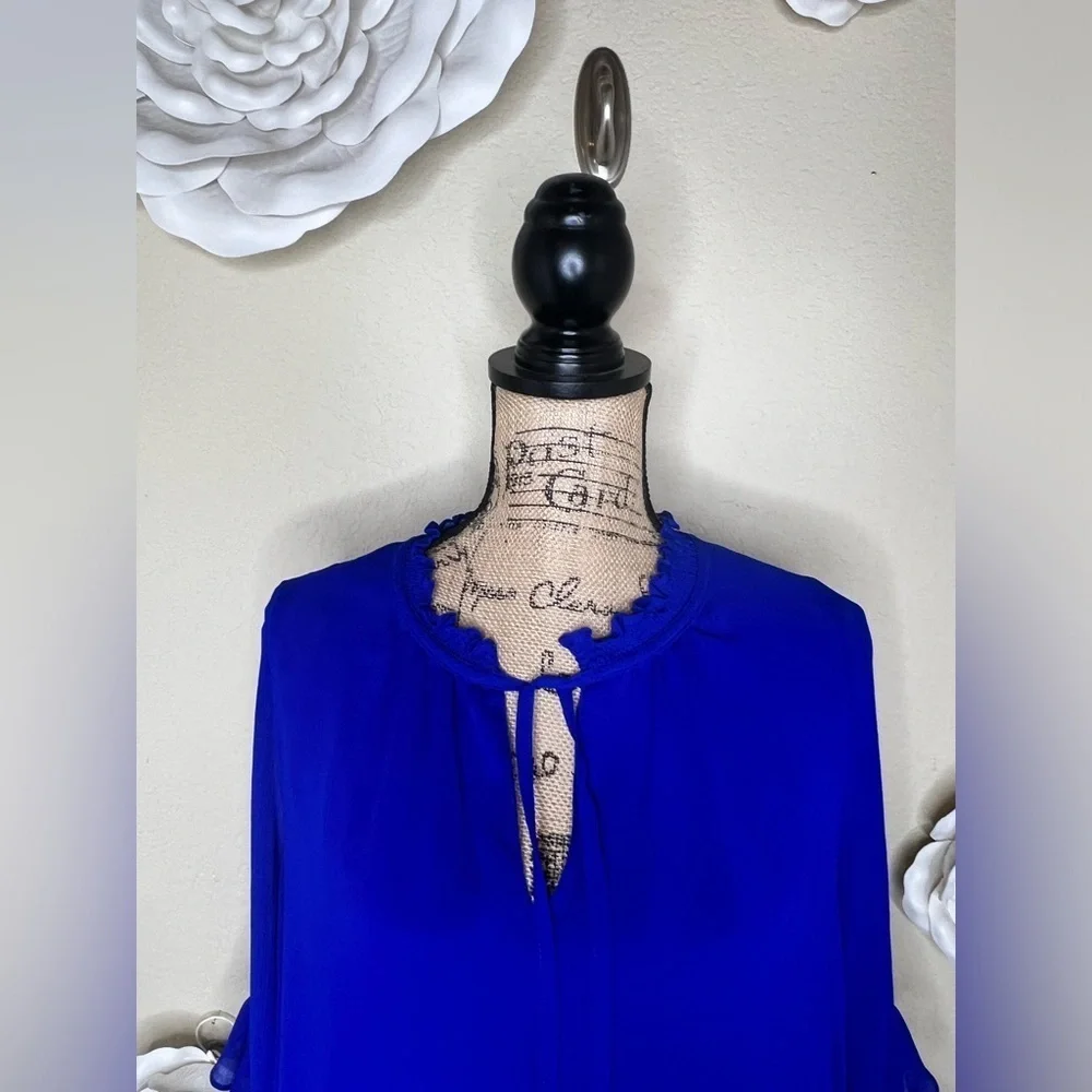 Gibson Latimer Ruffled Sheer Overlay Bell Sleeves Royal Blue Blouse Size M
